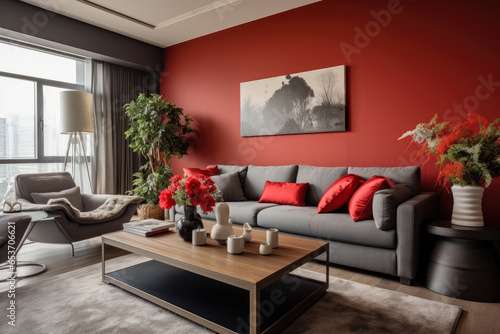 Stylish furniture and decorative accents create an inviting ambiance in this cozy and modern living room with red and gray colors, natural lighting, elegant window treatments © aicandy