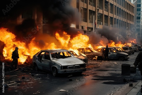 Documentary Photograph Chronicling Scene Of Revolutionary Riots And Protests  With Burning Building And Cars In Urban Setting Special Forces Police Equipped To Handle The S  