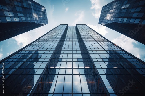 Desktop Wallpaper Featuring The Towering Facade Of Contemporary Office Skyscraper, Captured From Low Angle Against Backdrop Of The Blue, Cloudy Sky photo