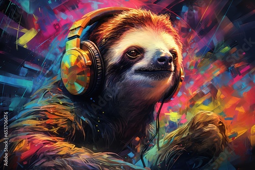 Kolorowy DJ leniwiec w słuchawkach puszczający muzykę. 