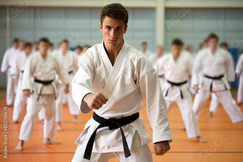 Karate Martial Arts Training Session Unfolds In Dojo Hall, With Young Man Donning White Kimono And Black Belt Engaged In Combat And Instruction Students Observe In The Backg()