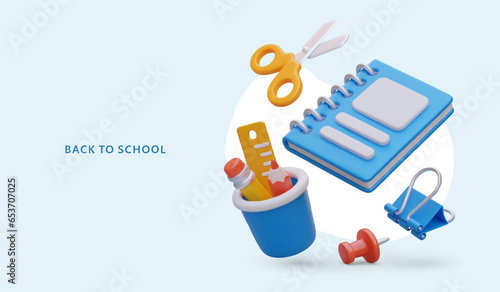 School stationery in cartoon style. Realistic items for learning. Back to school. Horizontal shop advertisement, place for logo, promotional ad, button