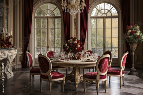 Elegant dining room with refined ambiance, classic furnishings, and stylish decor in Burgundy and Cream colors, creating a luxurious and inviting space with cozy upholstered chairs