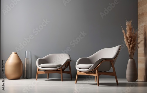 Grey Wooden Chair, Decoration and Plant in Trendy Vase on Grey Wall on Floor, using Generative Ai