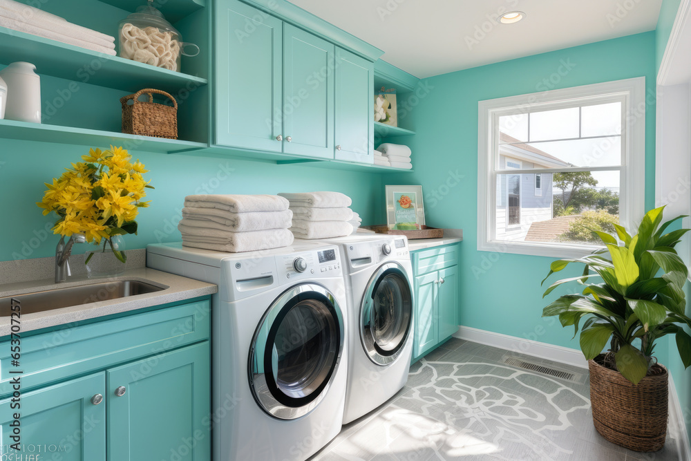 Efficient and Stylish Mid-Century Laundry Room with Turquoise and White Color Scheme, Retro Vibes, and Ample Storage for Coastal and Beach-Inspired Organization. Efficient and Stylish Mid-Century Laundry Room with Turquoise and White Color Scheme, Retro Vibes, and Ample Storage for Coastal and Beach-Inspired Organization.