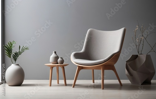 Grey Lounge Wooden Chair with Grey Wall, Table and Plant in Trendy Vase on White Floor, Nobody Interior, Generative Ai