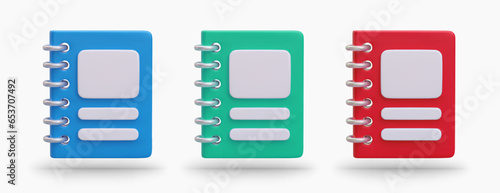 Set of office copybooks in different colors. Realistic notebooks with clean covers, mockup. Vector objects in vertical position. Blue, green, red planner