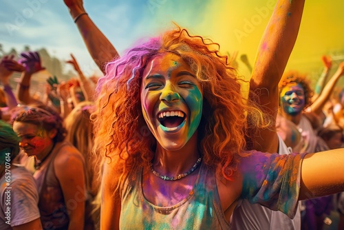 Vibrant Snapshot Of Lively Group Of Young People Celebrating And Dancing At Outdoor Summer Festival During The Daytime Their Laughter And Jubilation, Accompanied By Colorful