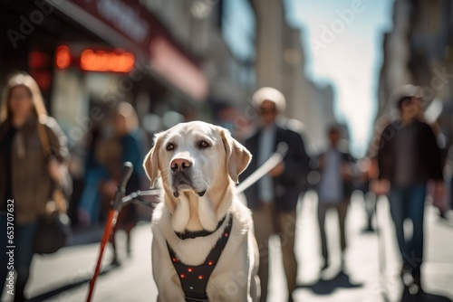 Visually Impaired Individual, Wearing Dark Sunglasses And Using White Cane And Guide Dog, Navigating Bustling City Street With Blurred Surroundings
