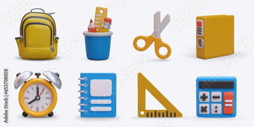 Set of 3D school objects, front view. Colored student icons in cartoon style. Backpack, pencil cup, scissors, binder folder, alarm clock, notebook, set square, calculator. Isolated images