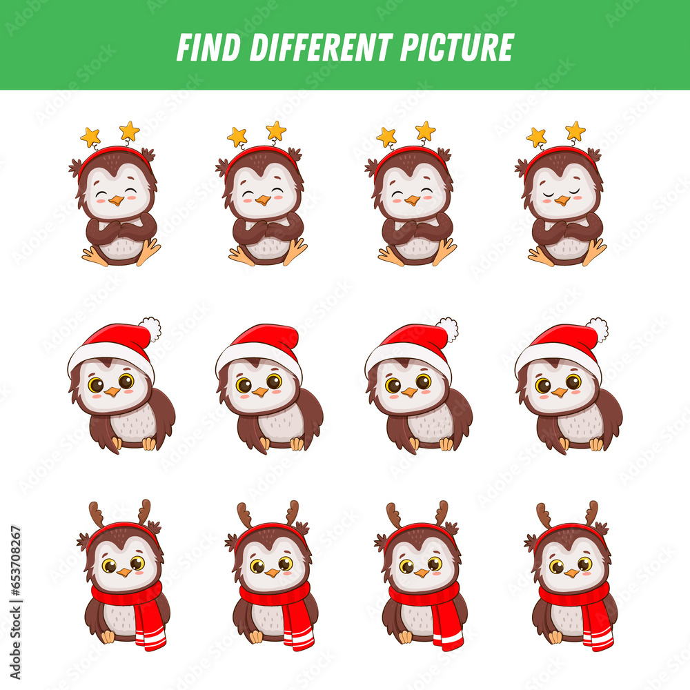 Find different owl in each row. Logical game for kids. Cartoon cute owlet. Winter Christmas game. Xmas activity.