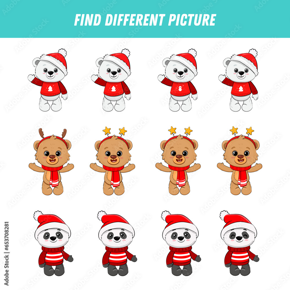 Find different bear in each row. Logical game for kids. Cartoon cute panda, teddy bear, polar bear. Christmas game. Find different bear in each row. Logical game for kids. Cartoon cute panda, teddy bear, polar bear. Christmas game.