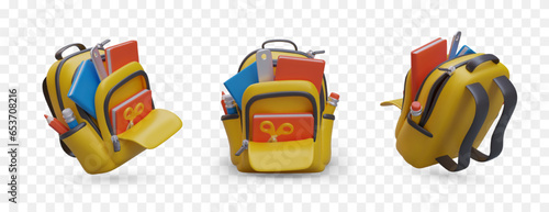 School backpack with stationery. Set of vector icons. Back to school. Student yellow shoulder bag. Isolated color illustrations. Educational color item