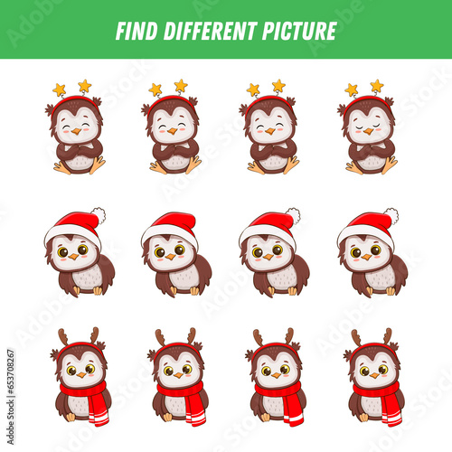 Find different owl in each row. Logical game for kids. Cartoon cute owlet. Winter Christmas game. Xmas activity.