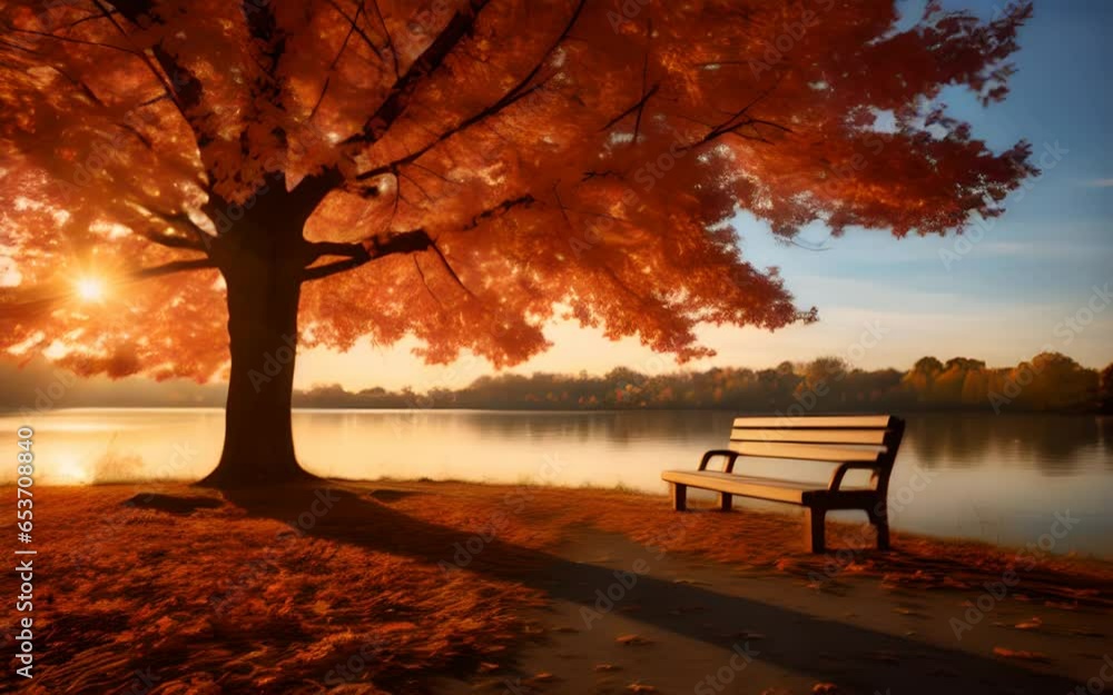 A bench near a large autumn tree and a lake in the middle of the forest against the sunset. Beautiful nature. Natural landscape. A bench near a large autumn tree and a lake in the middle of the forest against the sunset. Beautiful nature. Natural landscape.