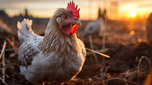 A chicken sunset. Farm organic hen. Agriculture environment illustration. Generative AI