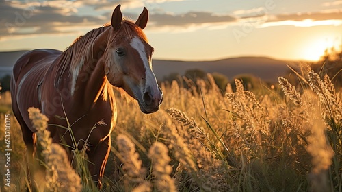 Thoroughbred horse grazing at sunset in a field. Agriculture environment illustration. Generative AI