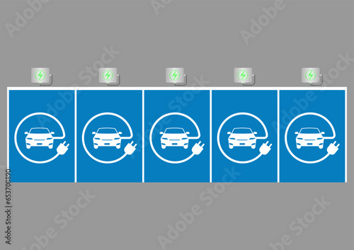 EV Charging Station for Electric Car at Parking Space Aerial View. Green Energy or Eco-friendly Concept. Vector Illustration. 