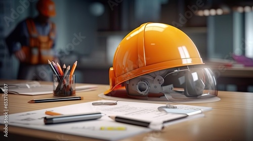 Engineering safety helmet with drawings inspection on the office desk. Engineer, Industry concept. Beautiful style illustration. Generative AI