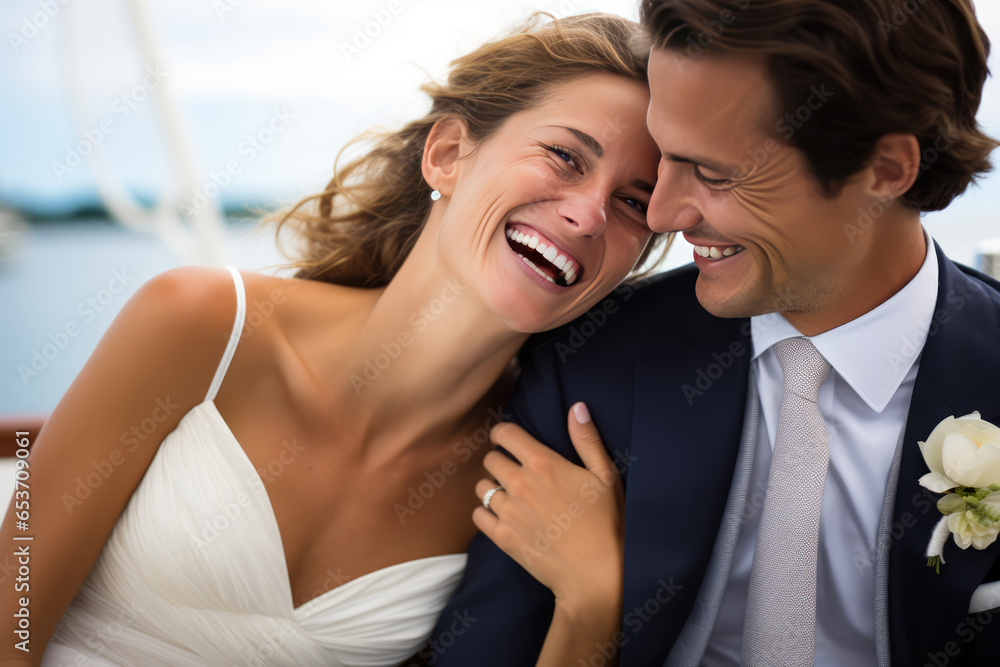 Close-up portrait of newlyweds at a wedding on a yacht Close-up portrait of newlyweds at a wedding on a yacht