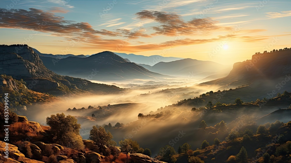 Panoramic image of a valley sunrise. Agriculture environment illustration. Generative AI