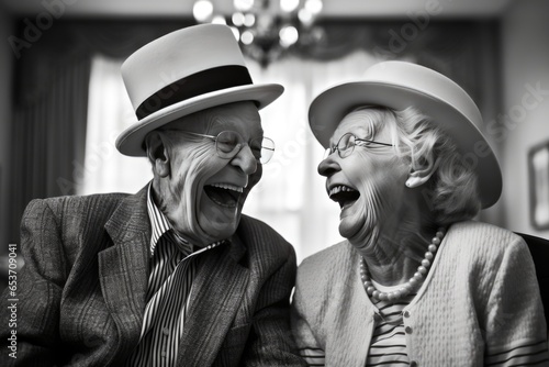 Heartwarming Candid Photo Features Elderly Couple In Retirement Home, Laughing And Having Delightful Time Together The Couple, With Their Grey Hair, Glasses, And Hats, Radi() photo