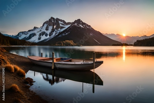 sunset over the lake with wooden boat at shore