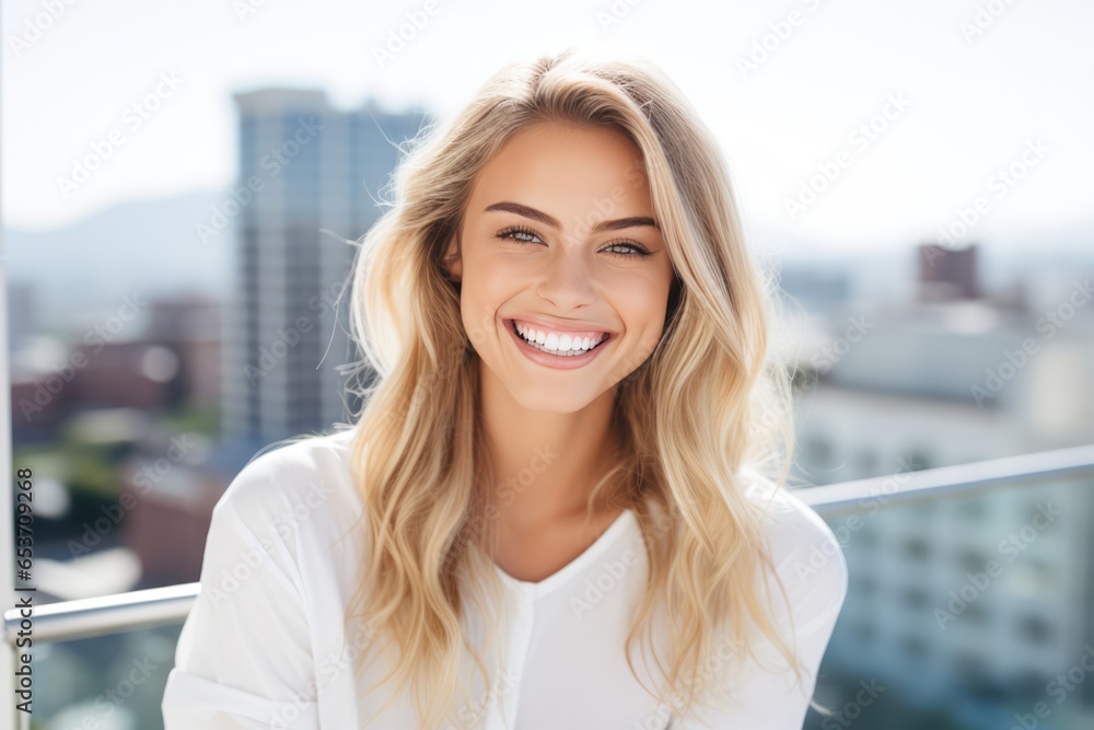 Portrait Featuring Stunning Blonde Woman With Radiant Smile, Highlighting Her Impeccable Dental Hygiene Against Natural Cityscape Background