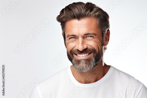 Closeup Portrait Captures Handsome Man With Dazzling Smile, Ideal For Dental Advertisement This Gentleman Boasts Fresh And Stylish Hairdo, Wellgroomed Beard, And Stron()