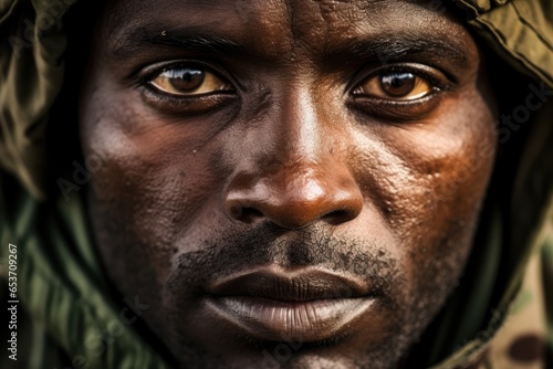 Portrait Of Black African Military Soldier Donned In Camouflage Attire And Equipped For Duty photo