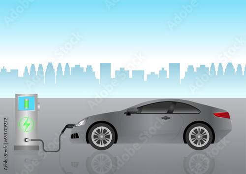 Fototapeta Naklejka Na Ścianę i Meble -  Electric car or EV car charging at  Charging Station in the City. Green Energy or Eco-friendly Concept. Futuristic Transportation Concept. Vector Illustration. 