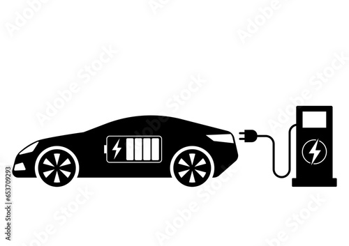 Electric Car. EV Car Symbol. Electric Car at Charging Station. Green Energy or Eco-friendly Concept. Vector Illustration. 