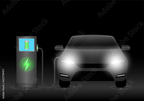 Electric car or EV car charging at  Charging Station. Green Energy or Eco-friendly Concept. Vector Illustration. 