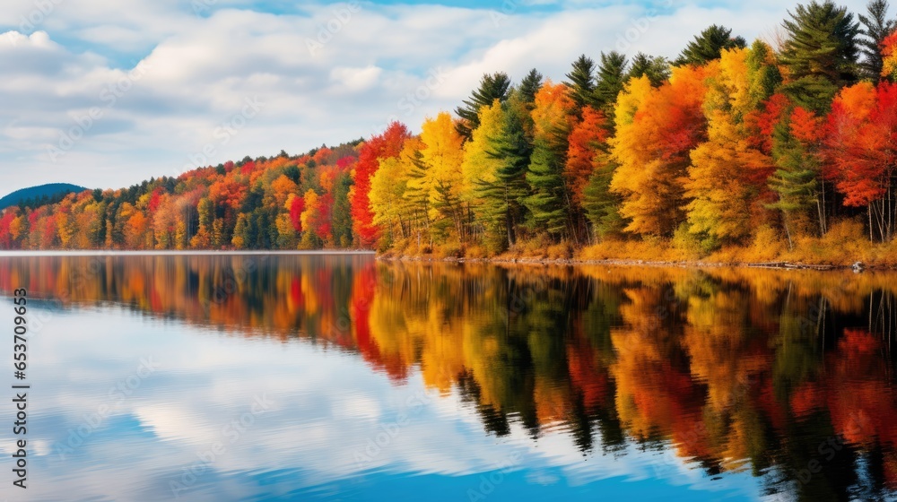 Obraz premium Colorful Autumn Trees Reflected in a Serene Lake