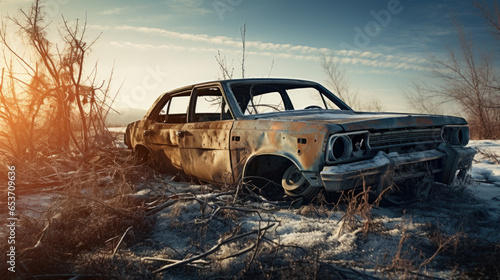 Old abandoned rusty vehicle, crushed car in scrapyard, junk yard photo