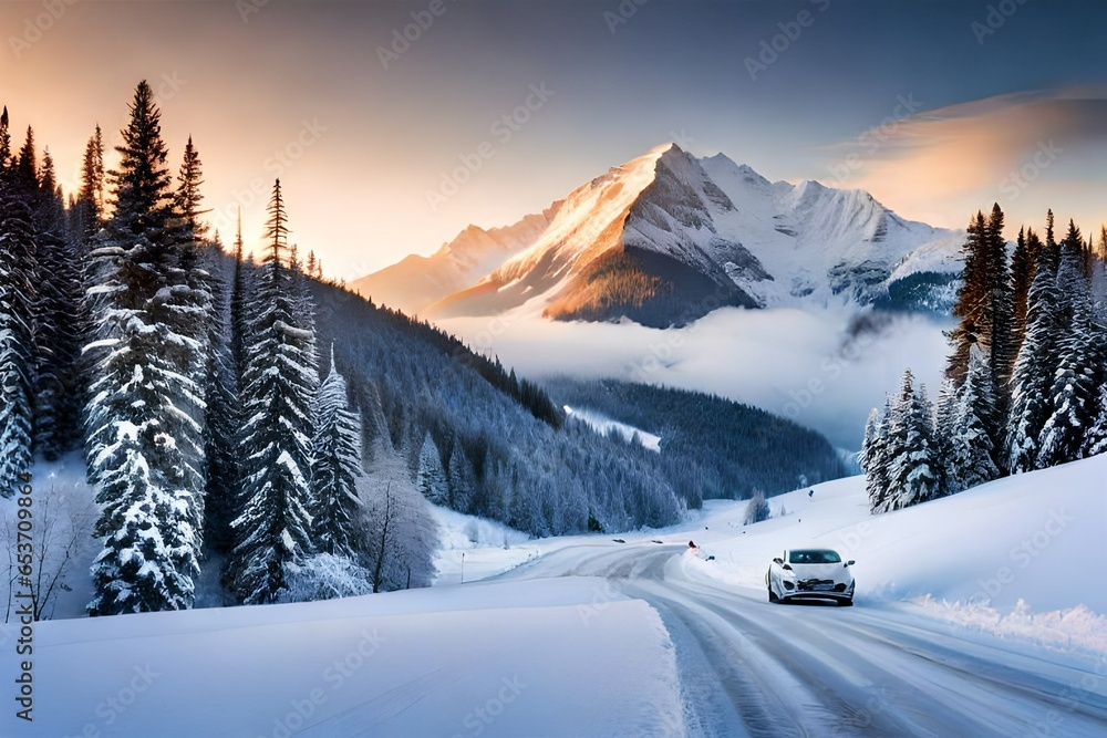 winter landscape in the mountains - obrazy, fototapety, plakaty 