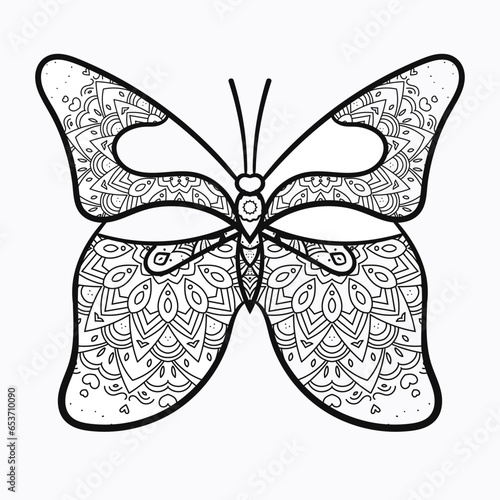 cute elegant graphic Mandala art Animal Illustration for Relaxation and Zen Art isolated for coloring book and coloring pages cartoon character outline vector illustration butterfly