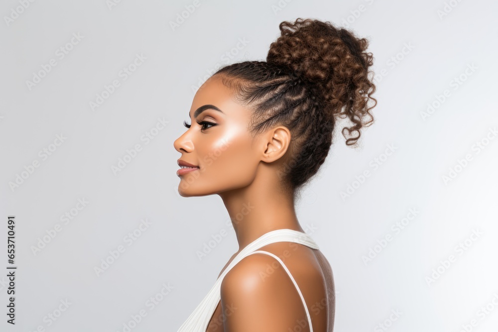Portrait Showcases Beautiful African American Woman With Long, Curly Braids And Bun Her Flawless Face Structure, Complete With Sharp Jawline, Is Emphasized As She Gazes To Portrait Showcases Beautiful African American Woman With Long, Curly Braids And Bun Her Flawless Face Structure, Complete With Sharp Jawline, Is Emphasized As She Gazes To