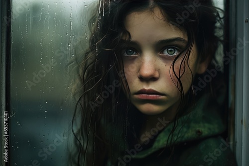 Portrait Capturing The Melancholy Of Young Girl Gazing Out Of Rainsplattered Window On Rainy Day, With Striking Emerald Eyes