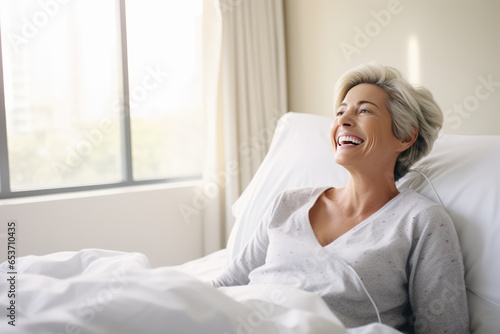 Portrait Of Mature American Woman In Hospital Room, Lying On Bed And Receiving Good News She Smiles With Happiness, Making It Ideal For Advertisements