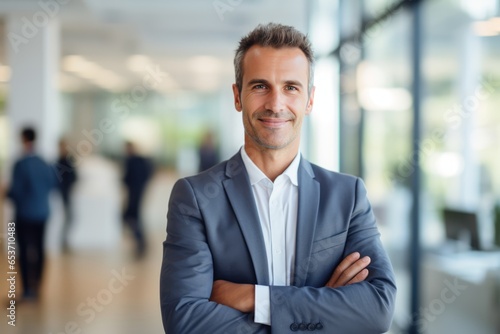 A Man In A Suit Standing With His Arms Crossed