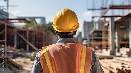 Back of Construction Worker Head Wearing Safety Helmet