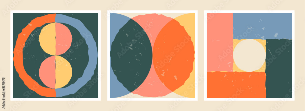 Set of minimalist vector illustrations with primitive shapes, Bauhaus and mid-century modern aesthetics, for poster, postcard, cover or wall art Set of minimalist vector illustrations with primitive shapes, Bauhaus and mid-century modern aesthetics, for poster, postcard, cover or wall art