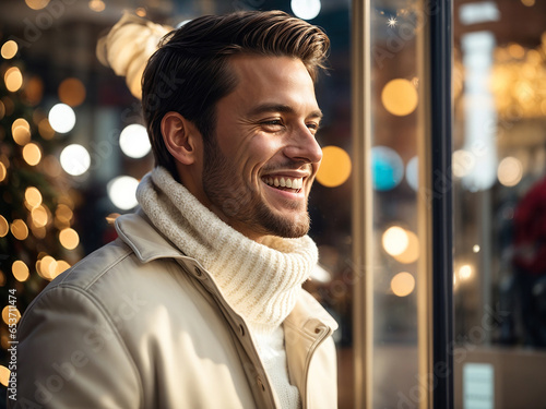 profile of an attractive, happy and smiling man standing in white coat, looking at a shop window on a city street at Christmas