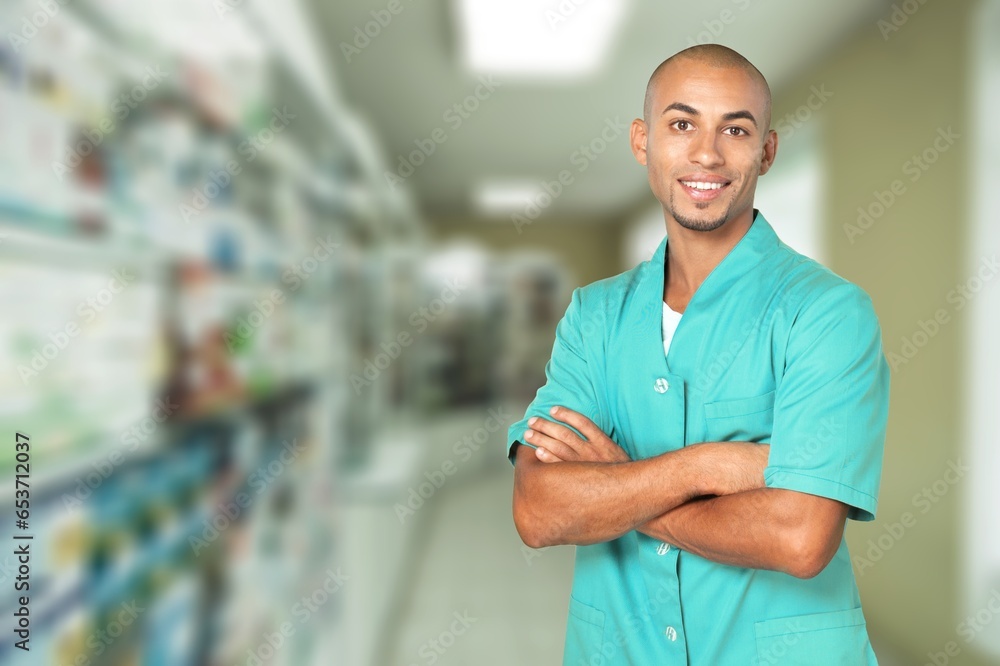 Portrait of happy young pharmacist man at shop Portrait of happy young pharmacist man at shop