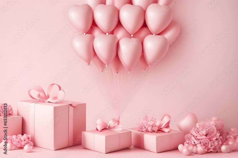 Gift boxes with pink ribbons and balloons on pink background. 3d rendering