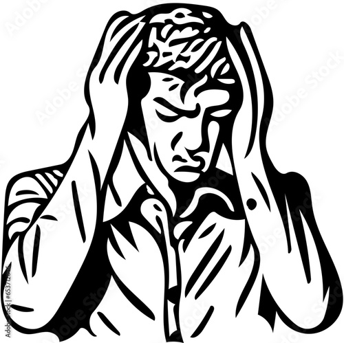Vector illustration of a man holding his head due to severe headache, migraine pain