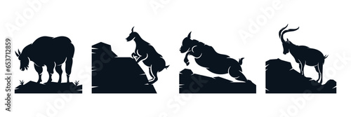 Dynamic Mountain Goat Silhouette Logo Vector Collection. Black and White Outdoor Adventure Illustration