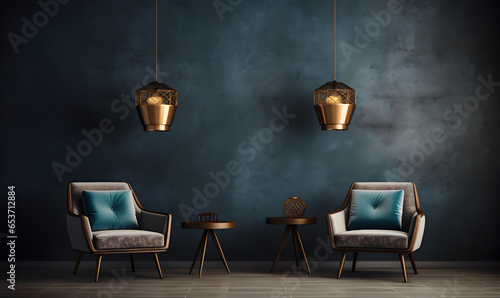small office design furniture set with golden chairs and a lamp, in the style of dark cyan and indigo photo