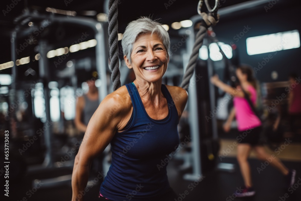 Fototapeta premium Medium shot portrait photography of an inspired mature woman practicing rope climb in a gym. With generative AI technology